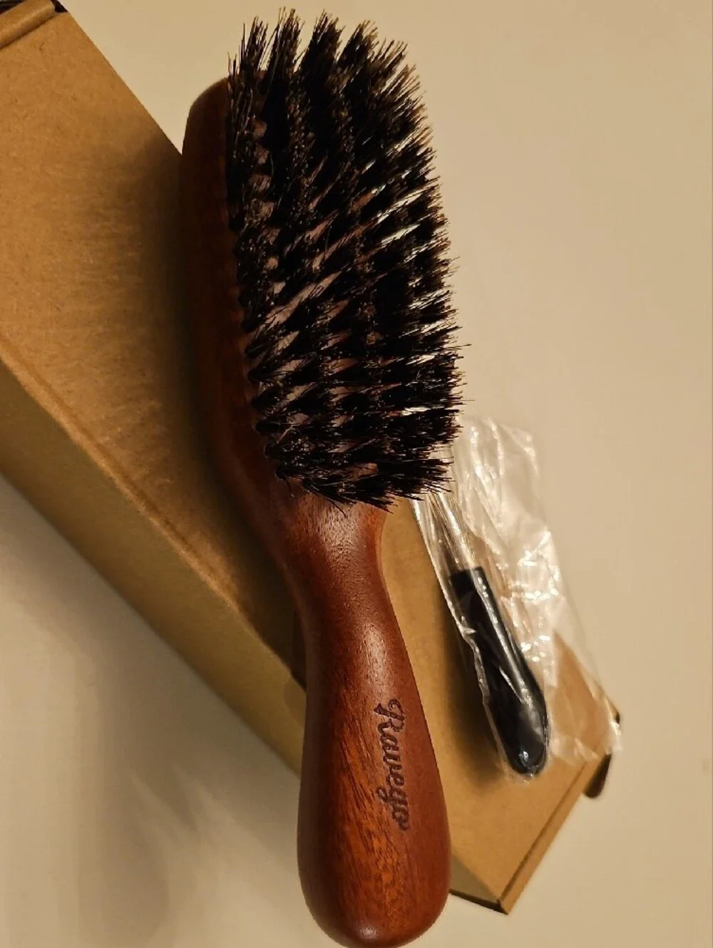 Mens Round Wooden Boar Bristle Hair and Beard Grooming Brush - New in Box